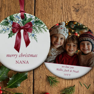 Grandmillennial Botanical Red Bow Christmas Photo Ceramic Ornament