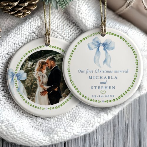 Grandmillennial Bows First Christmas Married Photo Ceramic Ornament