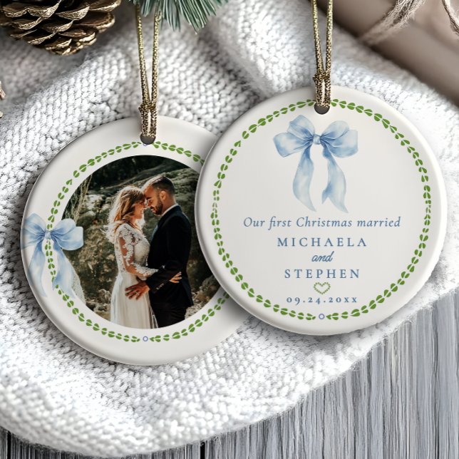 Grandmillennial Bows First Christmas Married Photo Ceramic Ornament (Creator Uploaded)