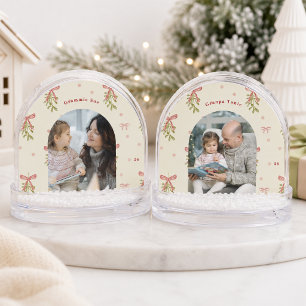 Grandmillennial Bows Mistletoe Grandparent Photo Snow Globe