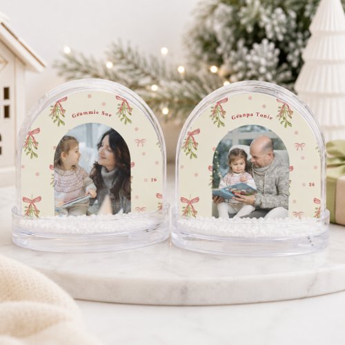 Grandmillennial Bows Mistletoe Grandparent Photo Snow Globe