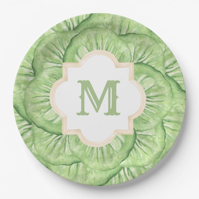 Grandmillennial Cabbage Leaf Monogram Paper  Paper Plates (Front)