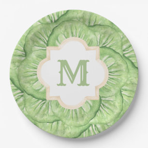 Grandmillennial Cabbage Leaf Monogram Paper  Plates