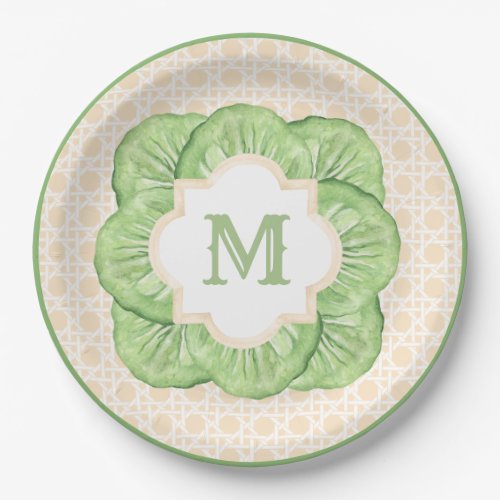 Grandmillennial Cabbage Leaf Monogram  Rattan Paper Plates