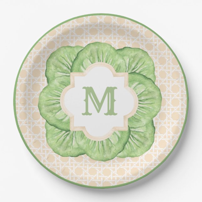 Grandmillennial Cabbage Leaf Monogram | Rattan Paper Plates (Front)