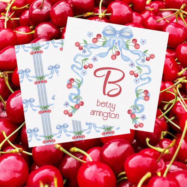 Grandmillennial Cherry Bows Watercolor Enclosure Note Card (Creator Uploaded)