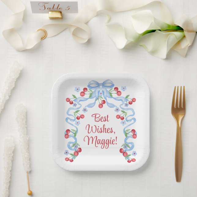 Grandmillennial Cherry Bows Watercolor Paper Plates (Wedding)