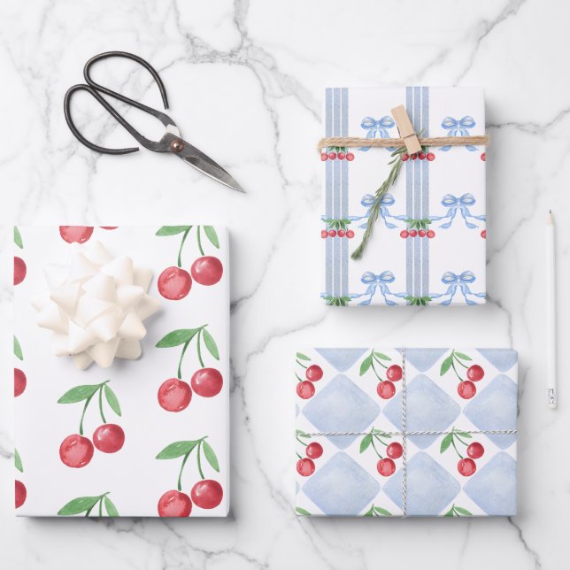 Grandmillennial Cherry Bows Watercolor Wrapping Paper Sheets (Front)
