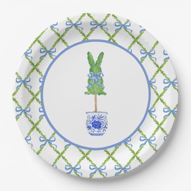 Grandmillennial Chinoiserie Bunny Topiary Paper Plates (Front)