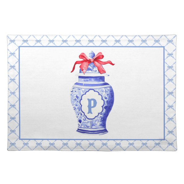 Grandmillennial Chinoiserie Ginger Jar Monogram Cloth Placemat (Front)