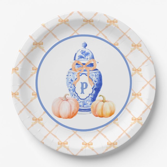 Grandmillennial Chinoiserie Ginger Jar Monogram Paper Plates (Front)