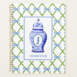 Grandmillennial Chinoiserie Ginger Jar | Monogram Planner<br><div class="desc">This personalized planner design features a very chic blue and green lattice patterned background with a coordinating blue and white chinoiserie ginger jar vase.</div>