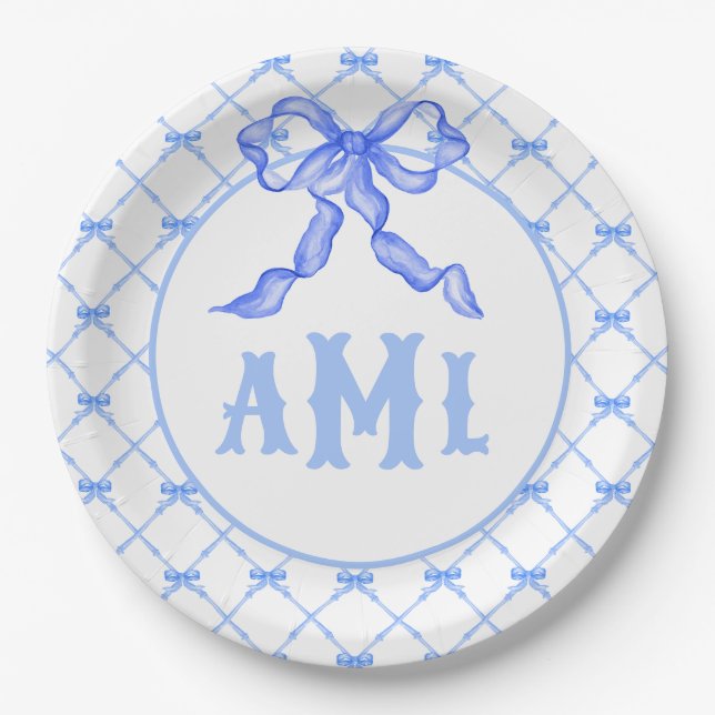 Grandmillennial Chinoiserie Monogram Bamboo & Bow Paper Plates (Front)