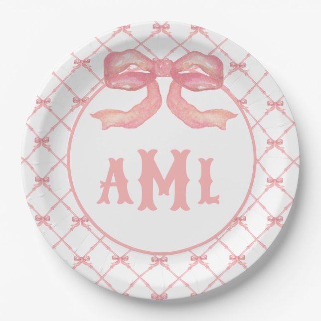 Grandmillennial Chinoiserie Monogram Bamboo & Bow Paper Plates (Front)