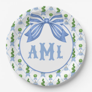 Grandmillennial Chinoiserie Monogram Topiary Paper Plates