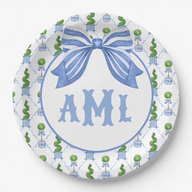 Grandmillennial Chinoiserie Monogram Topiary Paper Plates (Front)