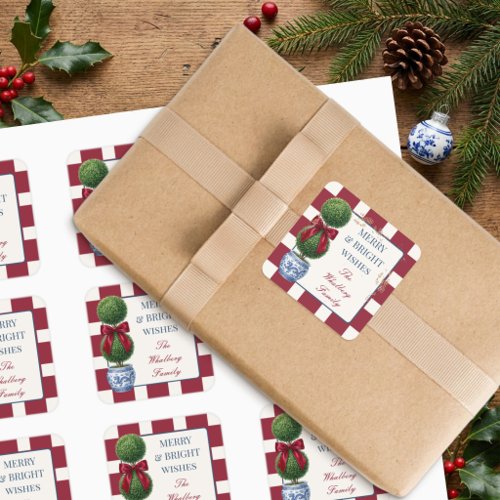 Grandmillennial Chinoiserie Topiary Red Bow Stripe Square Sticker