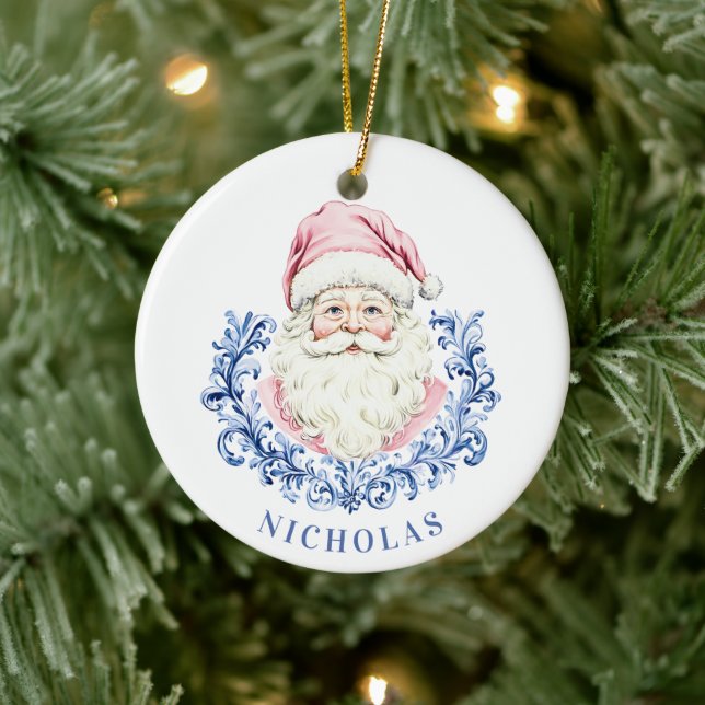Grandmillennial Christmas Damask Santa Ceramic Ornament (Tree)
