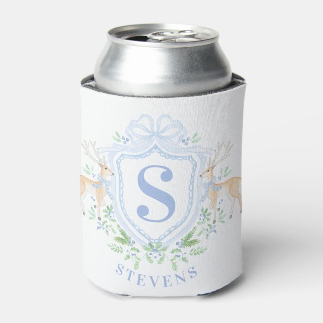 Grandmillennial Christmas Deer Crest Monogram  Can Cooler (Can Front)