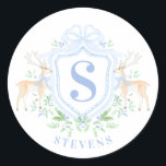 Grandmillennial Christmas Deer Crest Monogram  Classic Round Sticker<br><div class="desc">This Christmas sticker has a reindeer crest with a blue monogram initial. You can personalize with  your initial.</div>