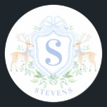 Grandmillennial Christmas Deer Crest Monogram  Classic Round Sticker<br><div class="desc">This Christmas sticker has a reindeer crest with a blue monogram initial. You can personalize with  your initial.</div>
