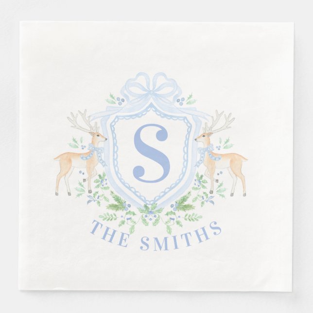 Grandmillennial Christmas Deer Crest Monogram  Paper Dinner Napkins (Front)
