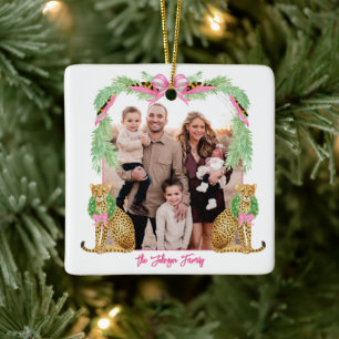 Grandmillennial Christmas Leopard Photo Ceramic Ornament