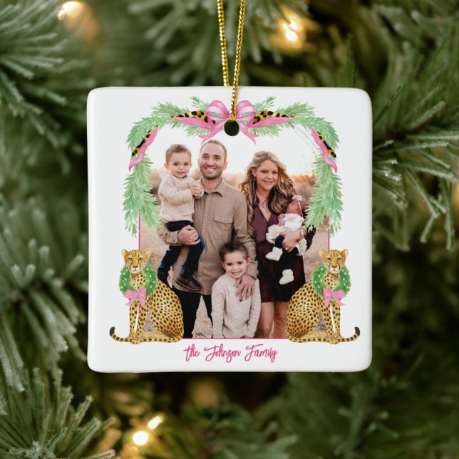 Grandmillennial Christmas Leopard Photo Ceramic Ornament (Tree)