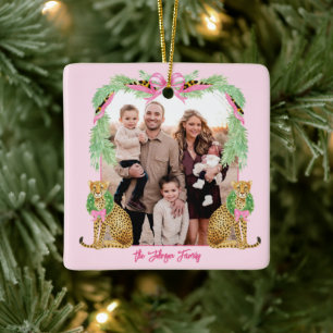 Grandmillennial Christmas Leopard Photo Ceramic Ornament