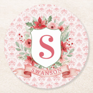 Grandmillennial Christmas Monogram Crest Round Paper Coaster