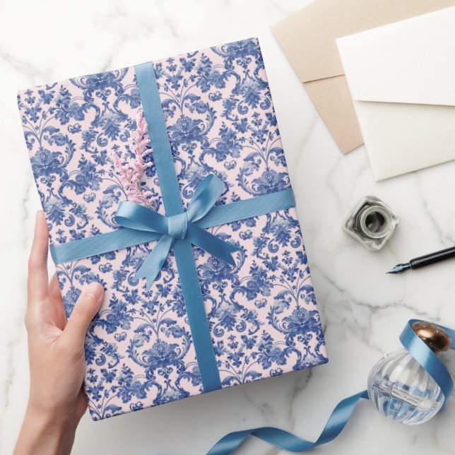 Grandmillennial Christmas Pink and Blue Damask  Wrapping Paper (Gifting)