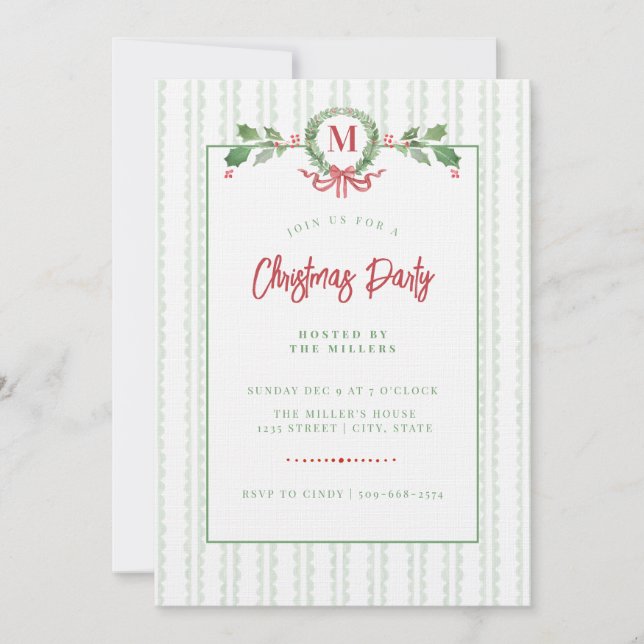 Grandmillennial Christmas Wreath Monogram Invitation (Front)