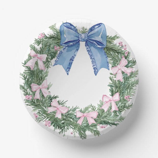 Grandmillennial Christmas Wreath Monogram Paper Bowls (Front)
