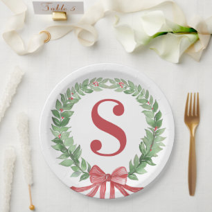 Grandmillennial Christmas Wreath Monogram Paper Plates