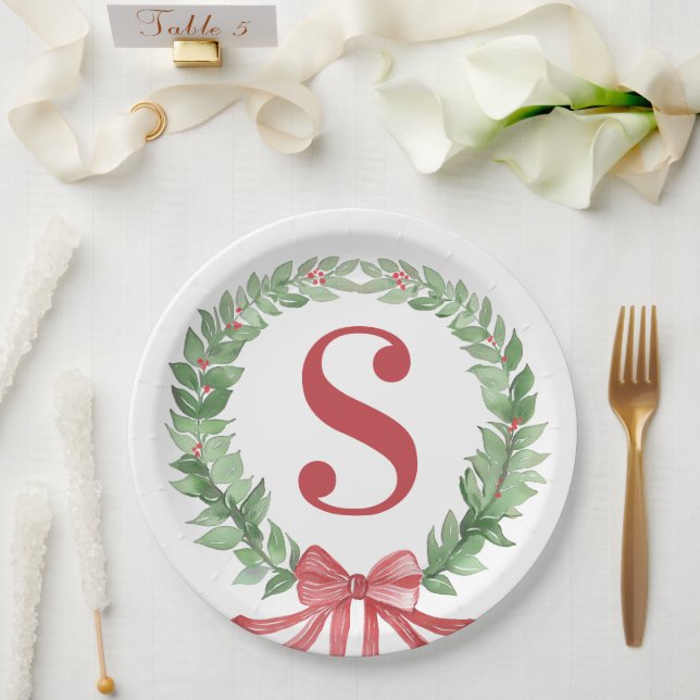 Grandmillennial Christmas Wreath Monogram  Paper Plates (Wedding)