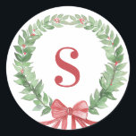 Grandmillennial Christmas Wreath Monogram Photo Classic Round Sticker<br><div class="desc">This Christmas sticker has a wreath with a red monogram initial. You can personalize with  your initial.</div>
