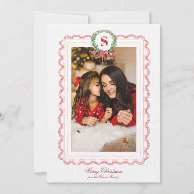 Grandmillennial Christmas Wreath Monogram Photo Invitation (Front)