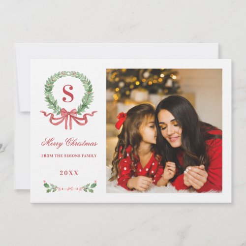 Grandmillennial Christmas Wreath Monogram Photo Invitation