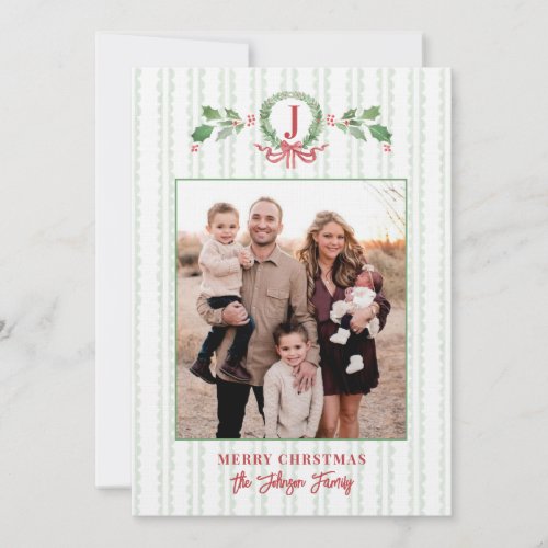 Grandmillennial Christmas Wreath Monogram Photo Invitation