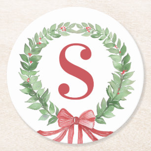 Grandmillennial Christmas Wreath Monogram Round Paper Coaster