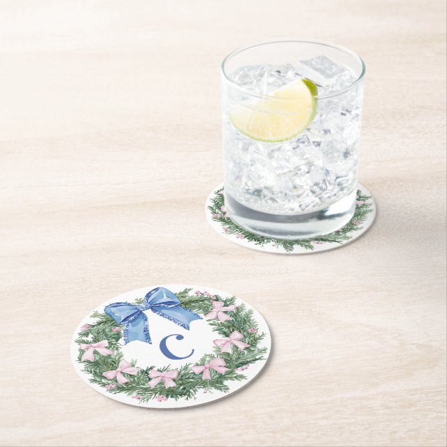 Grandmillennial Christmas Wreath Monogram Round Paper Coaster (Insitu)