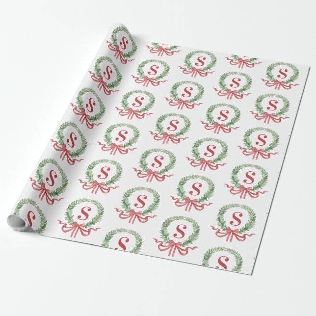 Grandmillennial Christmas Wreath Monogram Wrapping Paper (Unrolled)