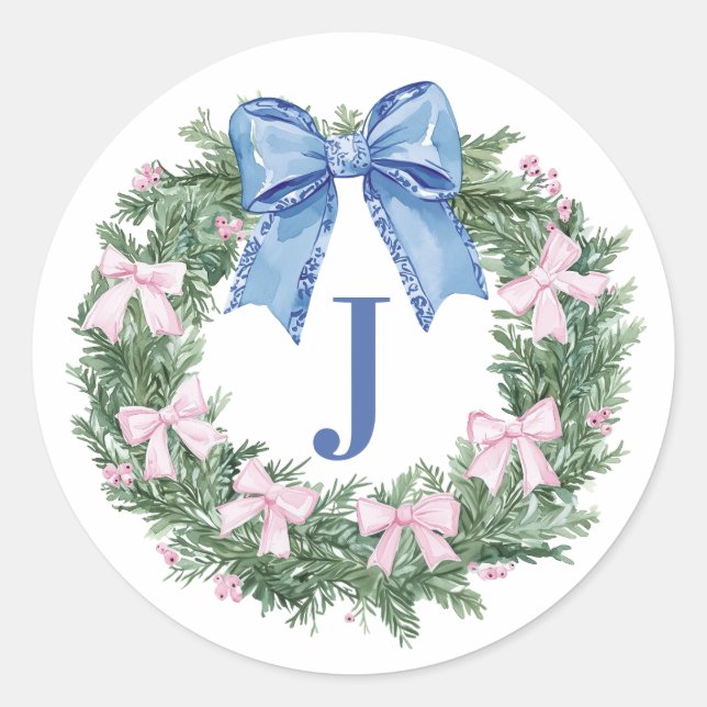 Grandmillennial Christmas Wreath Mpnogram Classic Round Sticker (Front)
