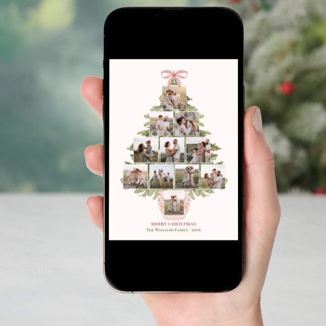 Grandmillennial Coquette Christmas Tree 12 Photo Holiday Card (Front Digital)