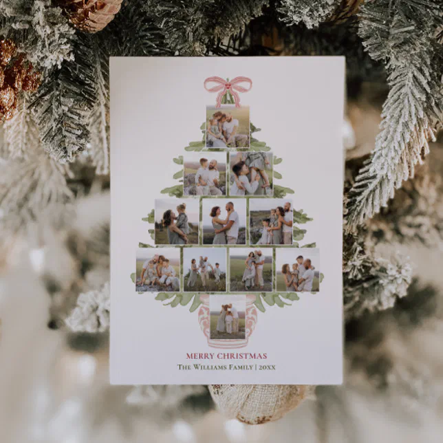 Grandmillennial Coquette Christmas Tree 12 Photo Holiday Card | Zazzle