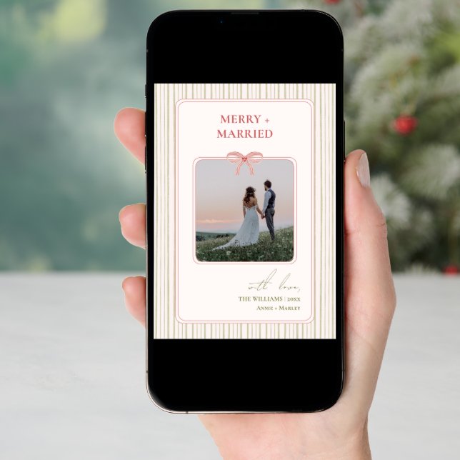 Grandmillennial Coquette Merry + Married Two Photo Holiday Card (Front Digital)