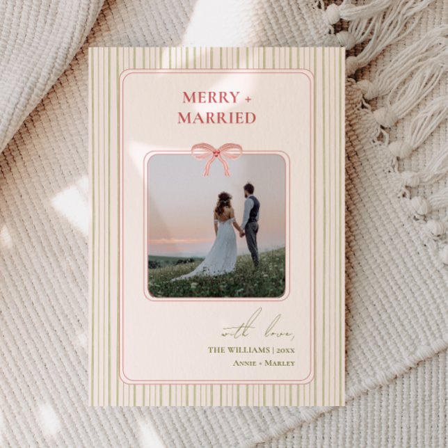 Grandmillennial Coquette Merry + Married Two Photo Holiday Card (Creator Uploaded)