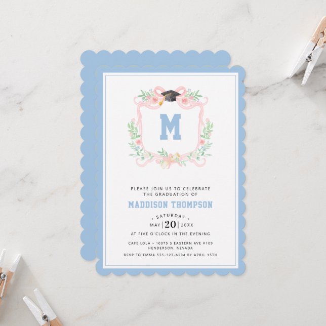 Grandmillennial  Coquette Ribbon Graduation Crest  Invitation (Front/Back In Situ)