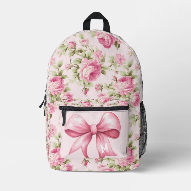 Grandmillennial Cottage Rose Pink Bow | Monogram Printed Backpack (Front)