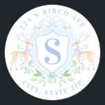 Grandmillennial Deer Crest Monogram Address Classic Round Sticker<br><div class="desc">This Christmas sticker has a reindeer crest with a blue monogram initial. You can personalize with  your initial and address.</div>